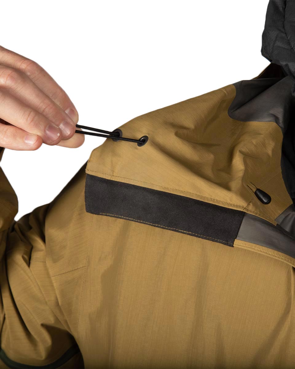 Men's Drilight Rain Jacket by Beyond Clothing in Coyote on model.