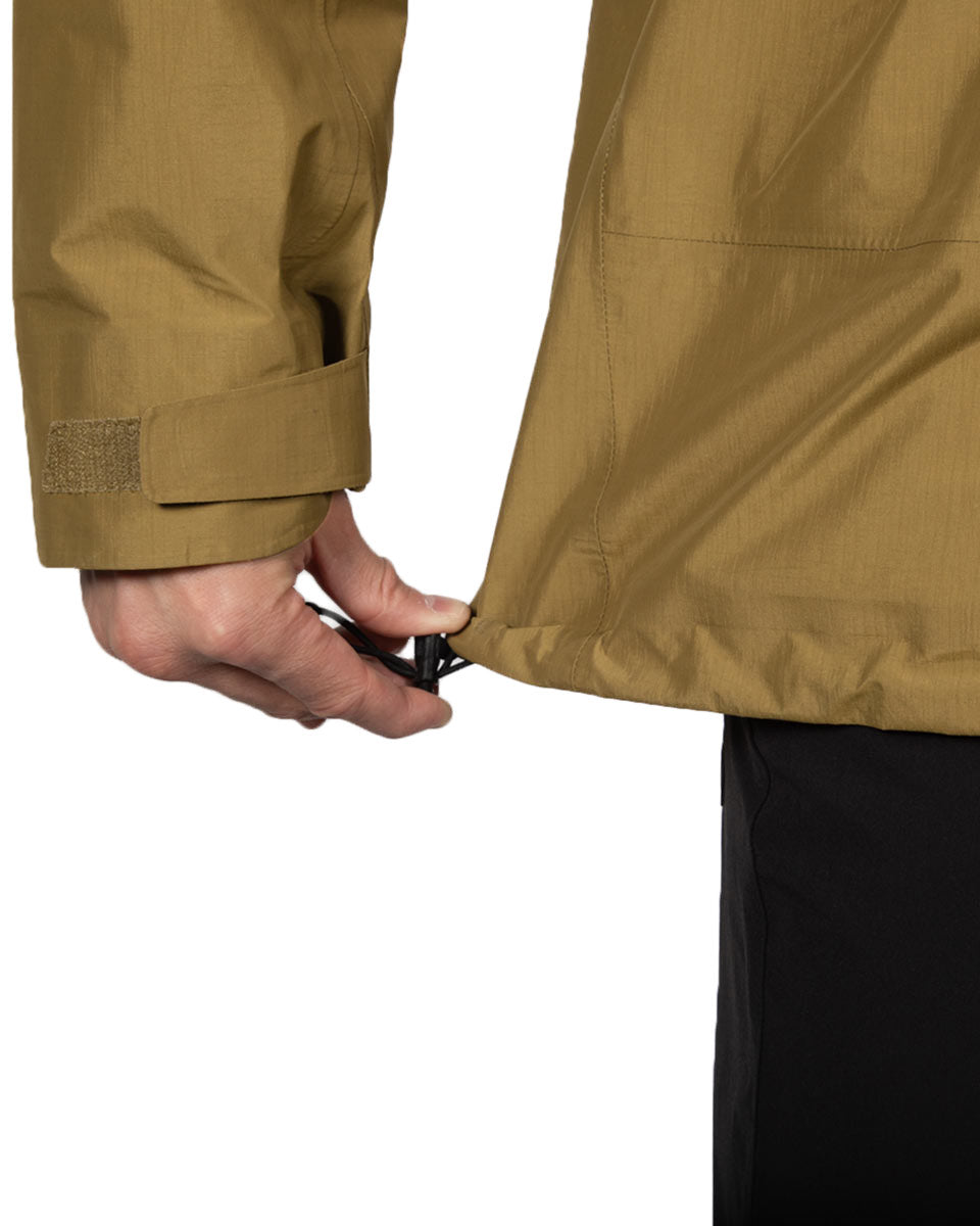 Men's Drilight Rain Jacket by Beyond Clothing in Coyote on model. 