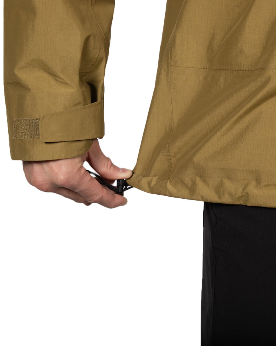 Men's Drilight Rain Jacket by Beyond Clothing in Coyote on model.