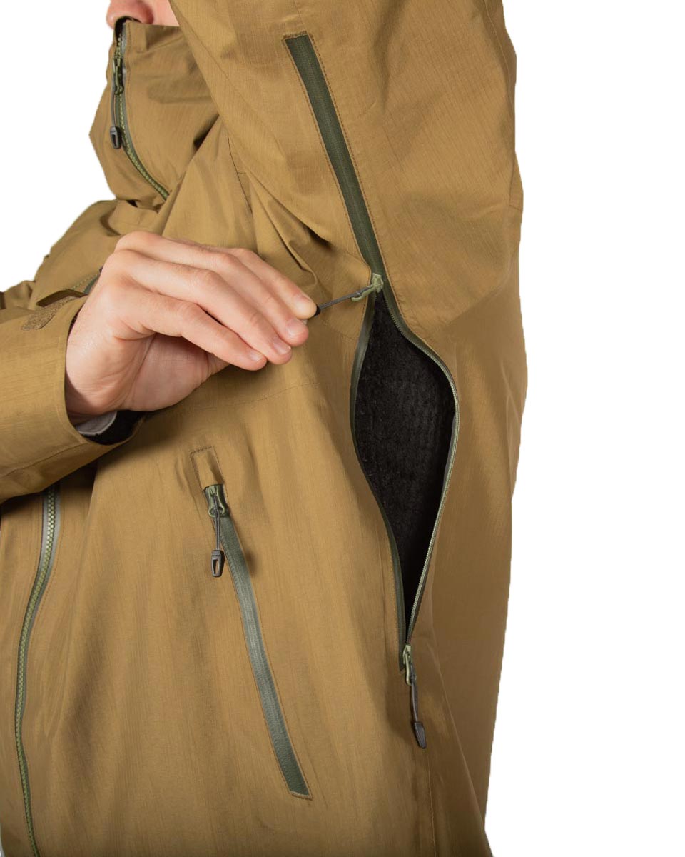 Men's Drilight Rain Jacket by Beyond Clothing in Coyote on model.