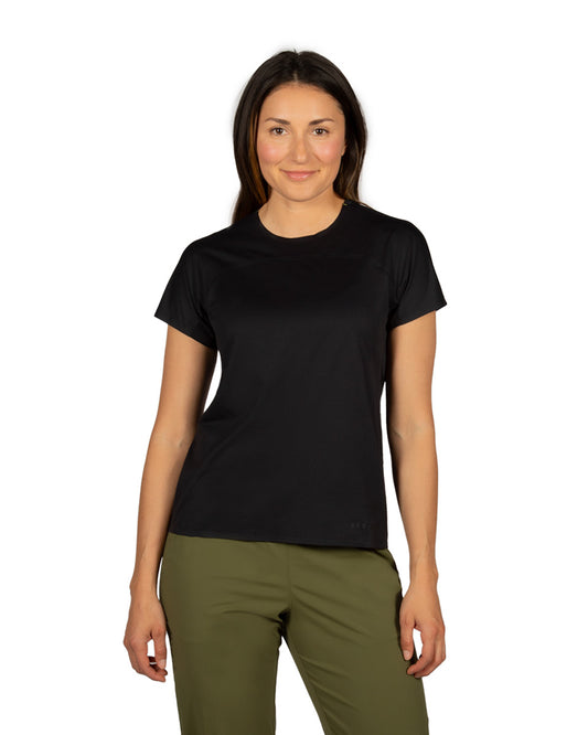 Woman model wearing the Feathers Tech-T and Tinkham Pant.