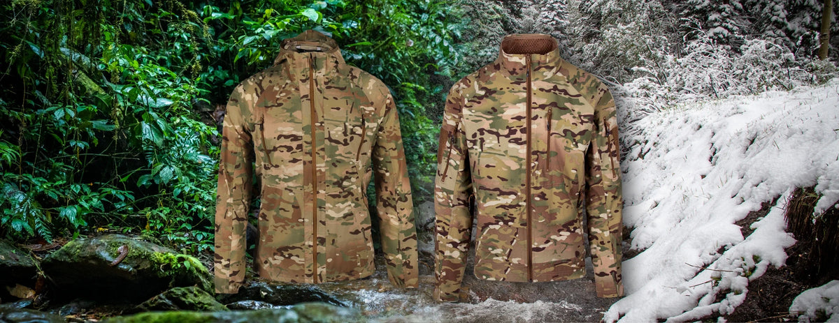 Two camouflage jackets shown from the back, displayed side by side against a forest and snowy outdoor backdrop.