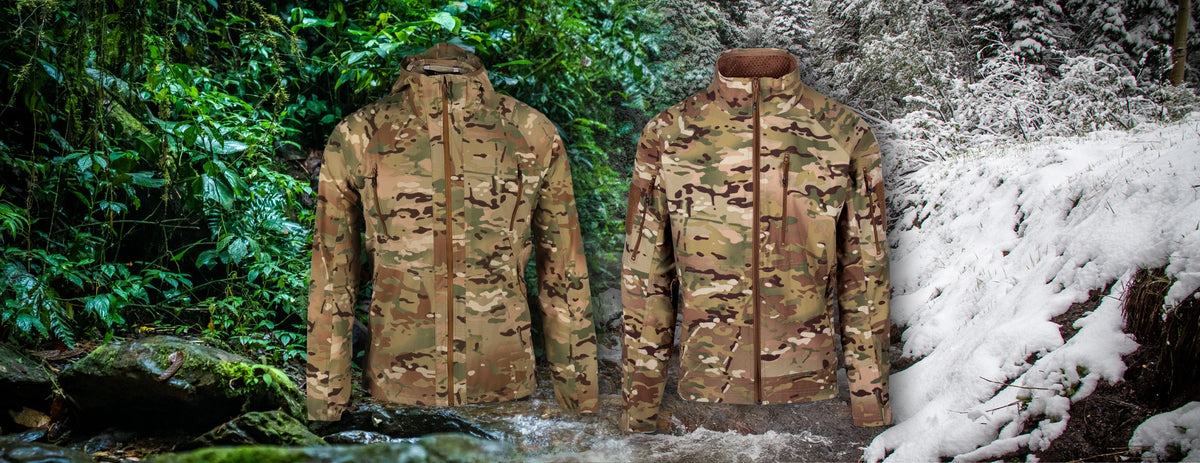 Two camouflage jackets shown from the back, displayed side by side against a forest and snowy outdoor backdrop.