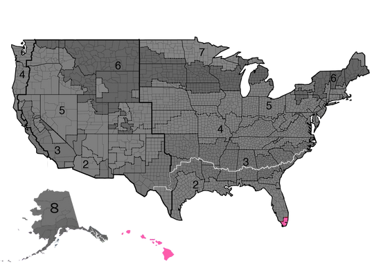 Image: IECC Climate Zone Map, PNNL / U.S. DOE. USA Map.