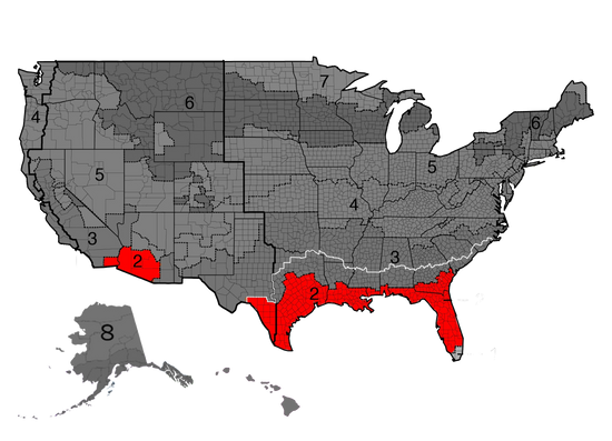 Image: IECC Climate Zone Map, PNNL / U.S. DOE. USA Map.
