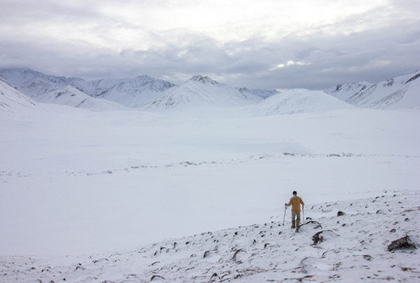 Snowy landscape of ANWR, AK including a skier wearing the Drilight Rain Jacket.