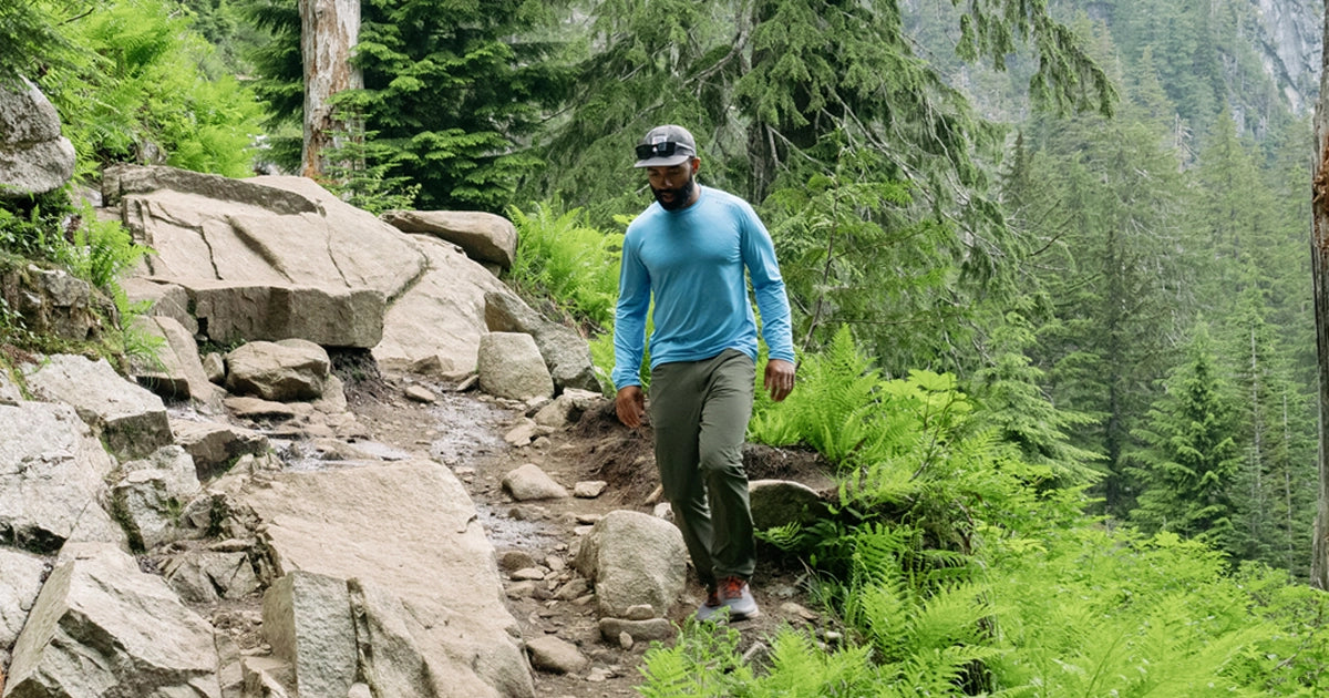 Man Hiking in the Beyond Geo-T L.S. Crew Shirt by Beyond Clothing.