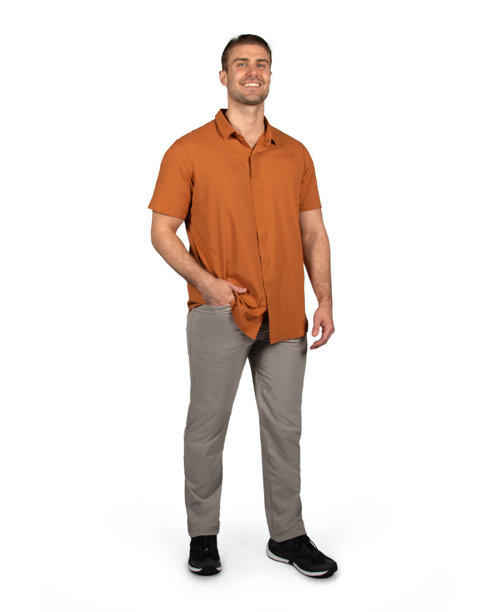 Male model wearing First Sun Shirt and TarnGood pants. 