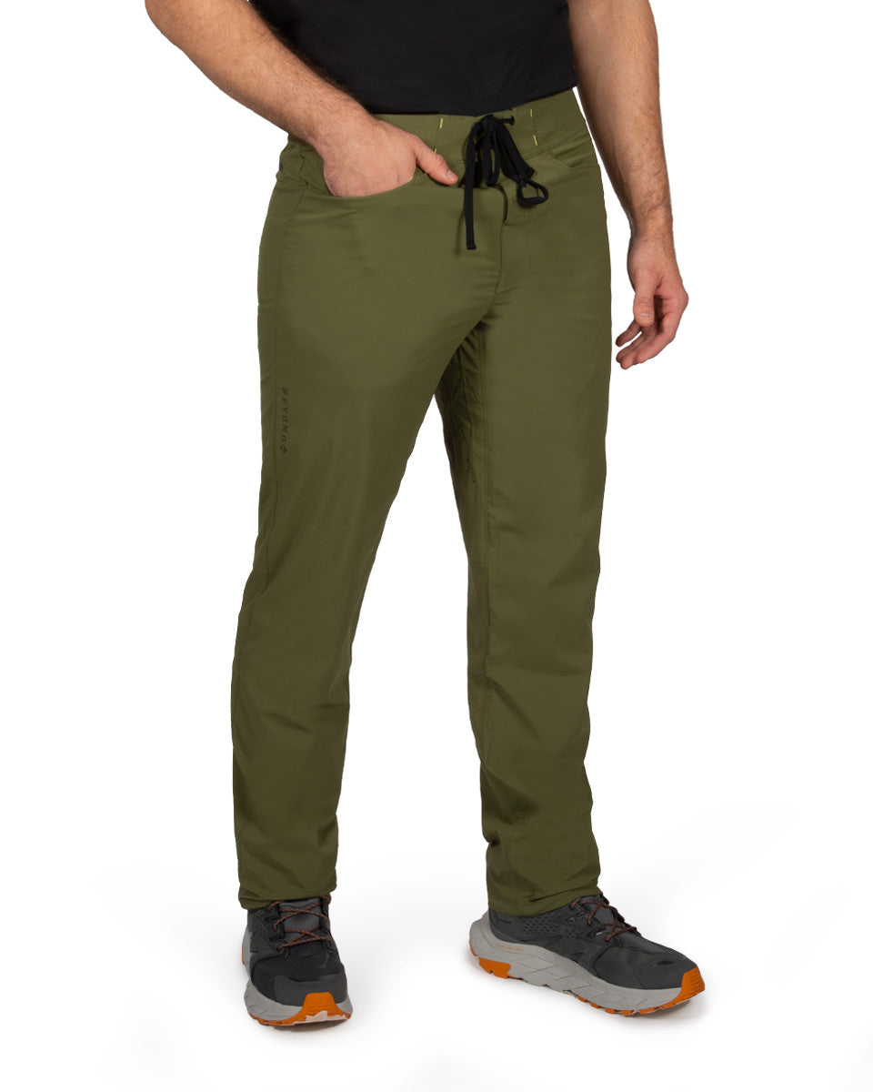 Male model wearing the TarnGood Pant and SolarSwift Tech-T. 