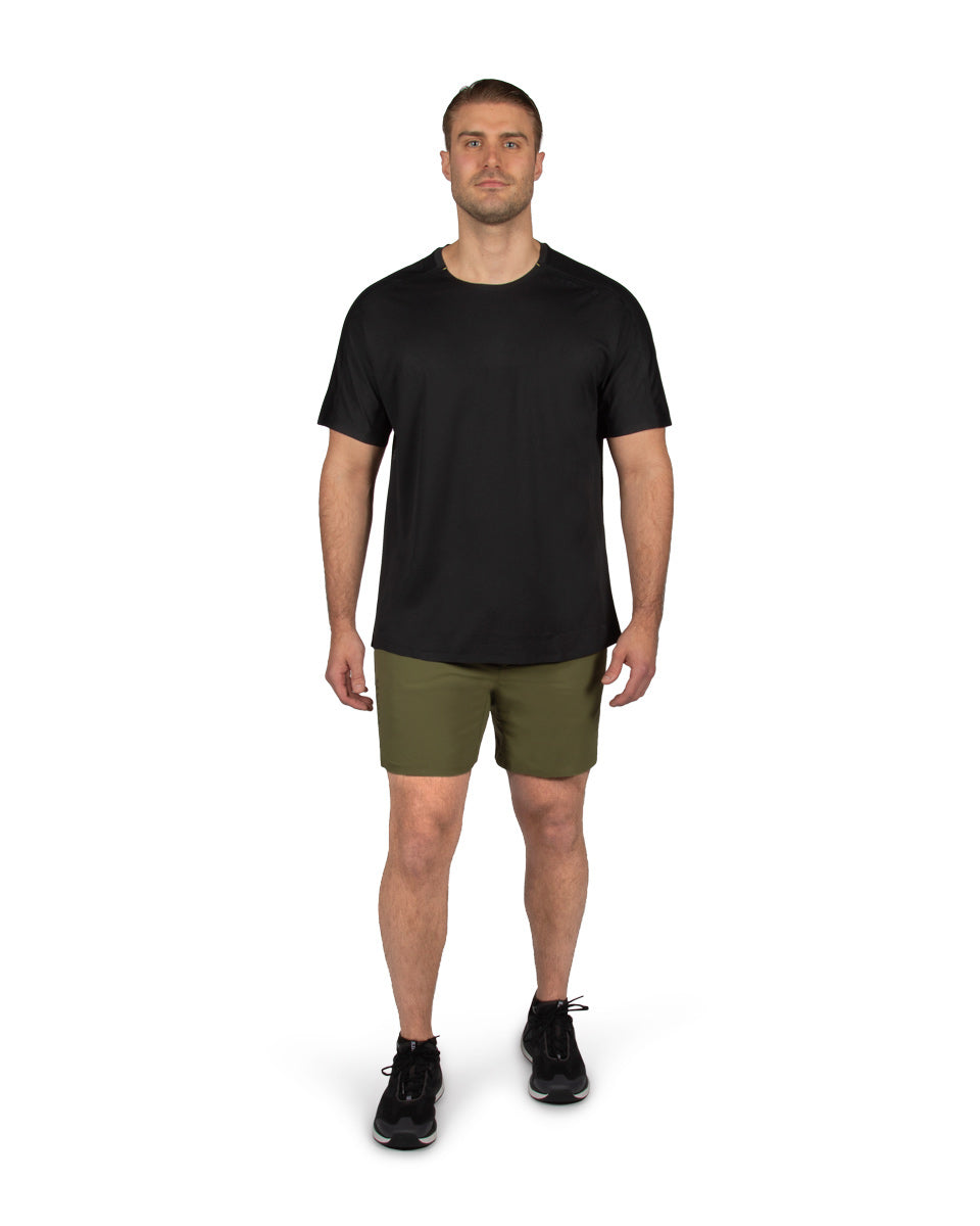 Male model wearing the TarnGood Short and SolarSwift Tech-T. 