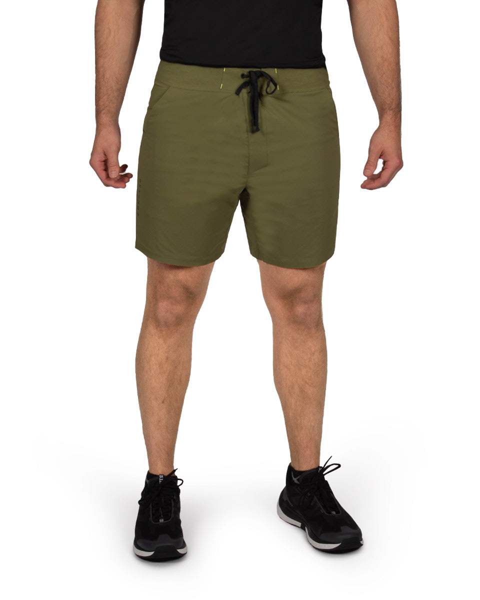 Male model wearing the TarnGood Short and SolarSwift Tech-T. 