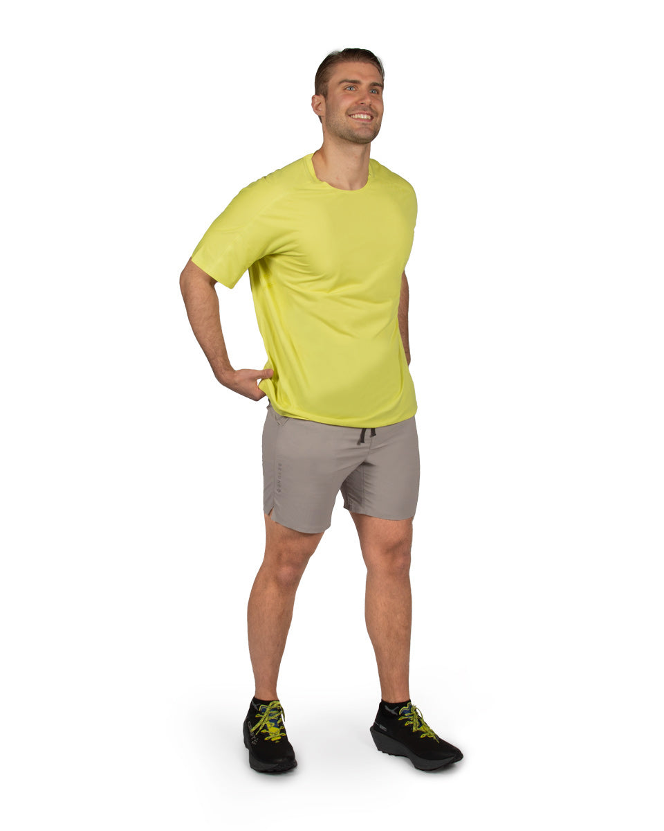 Male model wearing the TarnGood Short and SolarSwift Tech-T. 