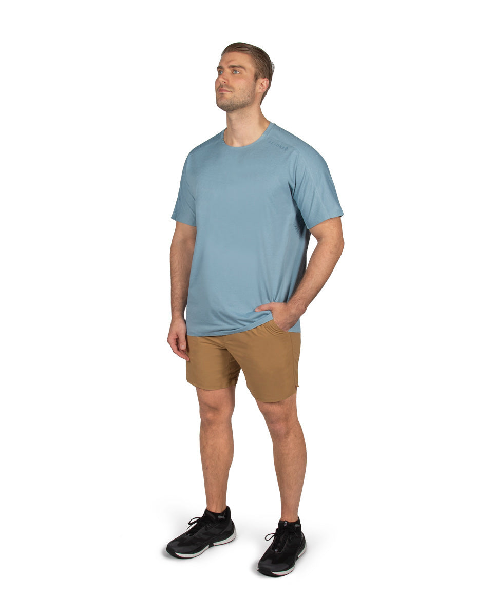 Male model wearing the TarnGood Short and SolarSwift Tech-T. 