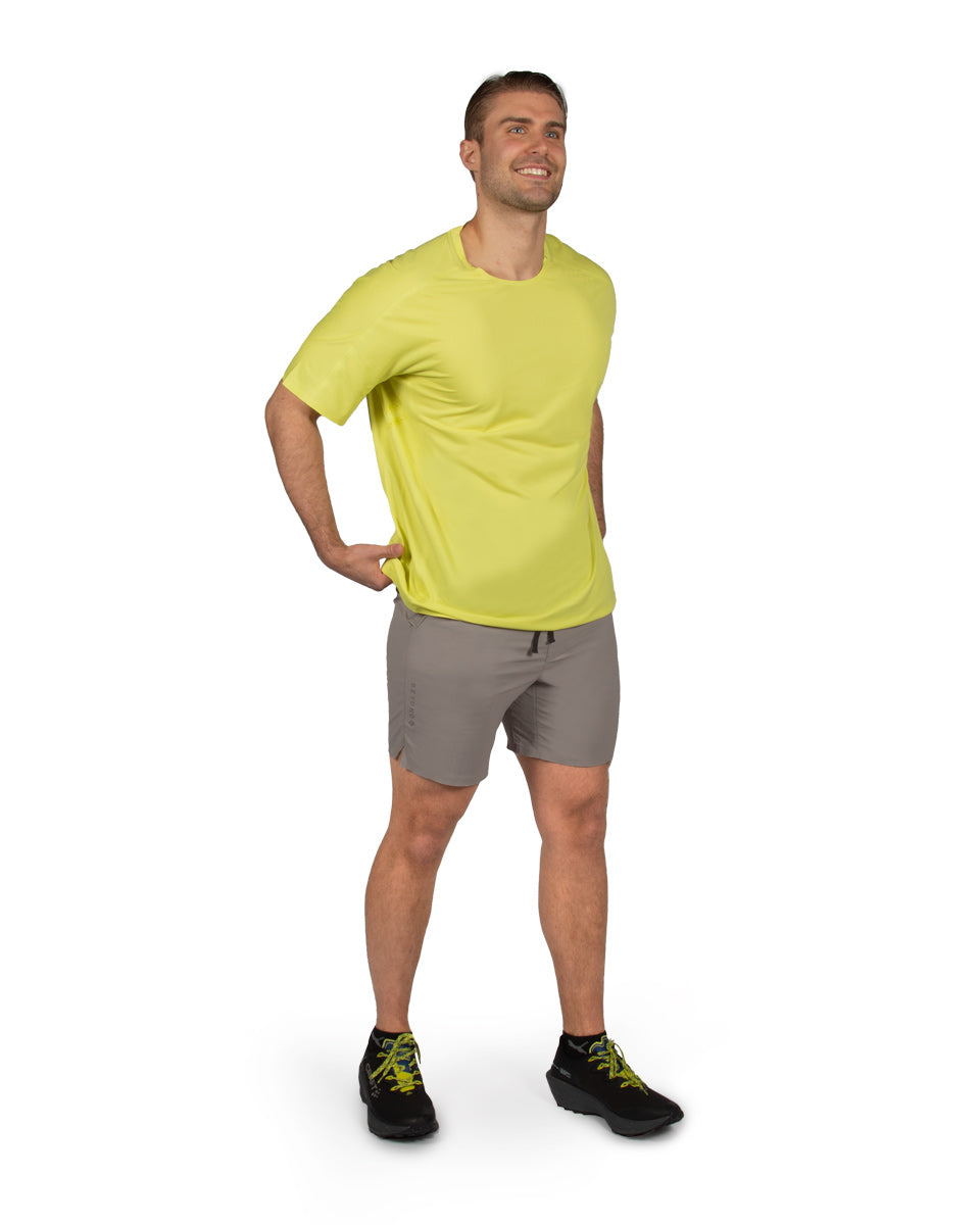 Male model wearing the SolarSwift Tech-T and TarnGood Short. 