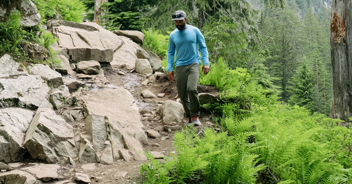 Man Hiking in the Beyond Geo-T L.S. Crew Shirt by Beyond Clothing.