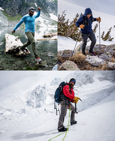 Collage of images of people adventuring in the outdoors. Ranging from hiking to trekking to summiting a ridge.