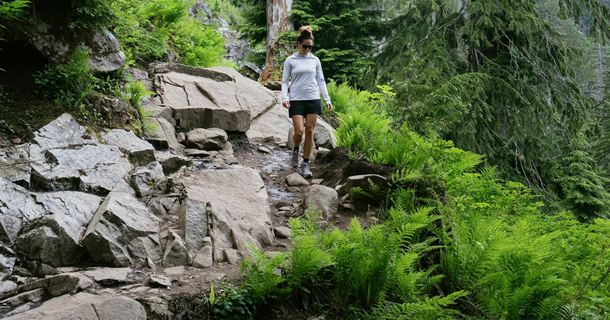 Women Hiking in the Beyond Geo-T L.S. Hooded Shirt by Beyond Clothing.