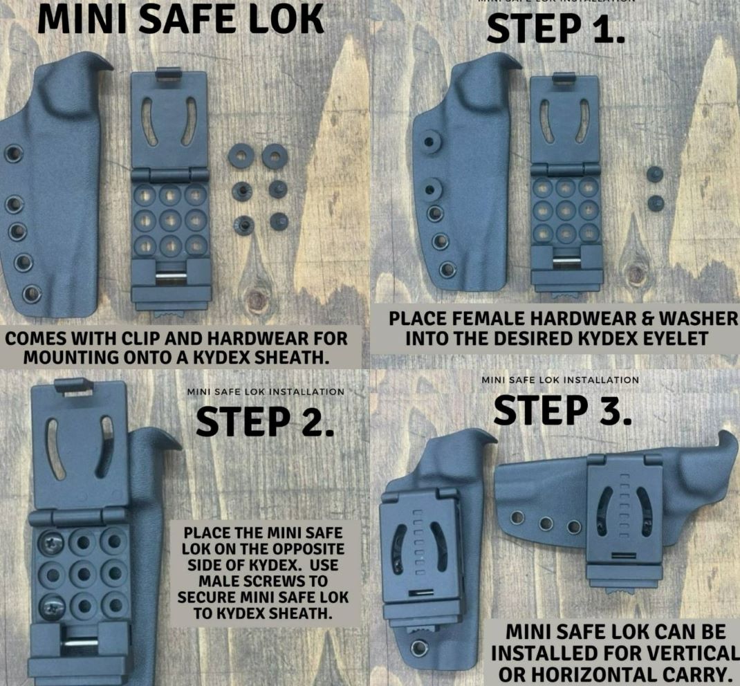 Image collage showcasing how to use the Mini Safe Lok clip